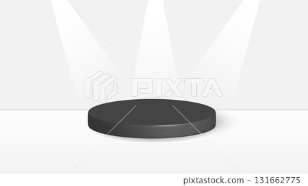 Minimal Black Round Podium with Spotlights on White Background Minimal Black Round Podium with Spotlights on White Background 131662775