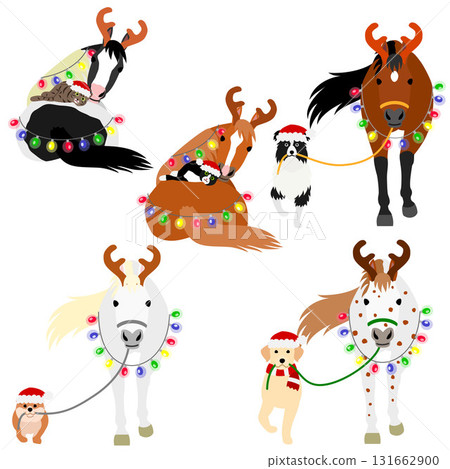 A group of horses, dogs and cats dressed in Christmas costumes A group of horses, dogs and cats dressed in Christmas costumes 131662900