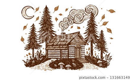 Warm cabin nestled among tall trees with swirling smoke, AI, PNG 131663149