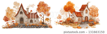 Cottages nestled in colorful autumn leaves and pumpkins, AI, PNG 131663150
