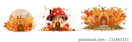 Whimsical houses of pumpkins and mushrooms, created AI, PNG Whimsical houses of pumpkins and mushrooms, created AI, PNG 131663151