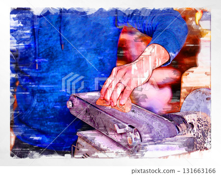 Sketch Sketch style Wood processing Woodworking Japanese Electric file Woodworking shop Factory Shaving Manual work Hand Working scenery 131663166