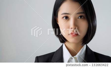 Sad or serious looking office worker, young Japanese woman 131663422