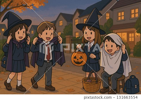 Children starting to dress up on the way home from school Children starting to dress up on the way home from school 131663554