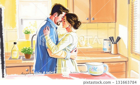 Married couple hugging in the morning in the kitchen. Man and woman in love hugging in the rays of the morning sun 131663784
