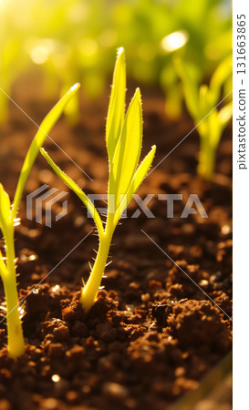 Close-up of new crop sowing. Sprouts are breaking through the soil in the rays of the sun 131663865