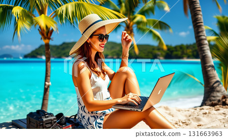 Woman working on laptop while sitting on tropical beach 131663963