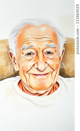 Portrait of an elderly man with kind eyes drawn with colored pencils. The man is sitting in a chair at home. Portrait of an elderly man with kind eyes drawn with colored pencils. The man is sitting in a chair at home. 131664029