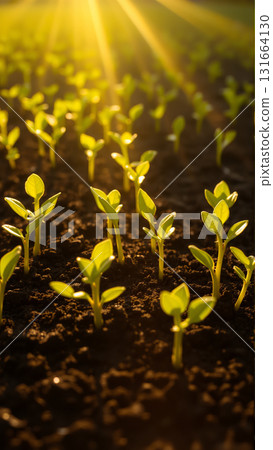 Close-up of new crop sowing. Sprouts are breaking through the soil in the rays of the sun 131664130