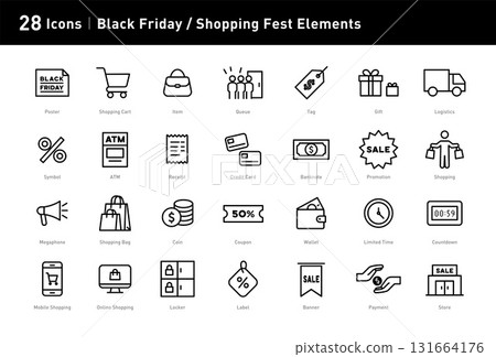 This set of shopping festival theme icons shows discount and promotion elements, suitable for designs such as Black Friday and festival promotions. The pictures can be changed in color and infinitely enlarged. This set of shopping festival theme icons shows discount and promotion elements, suitable for designs such as Black Friday and festival promotions. The pictures can be changed in color and infinitely enlarged. 131664176