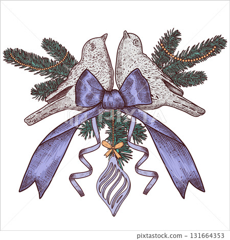 Hand drawn bird figurine with purple bow, fir branches in vintage style.Christmas decoration. Vector illustration. Hand drawn bird figurine with purple bow, fir branches in vintage style.Christmas decoration. Vector illustration. 131664353