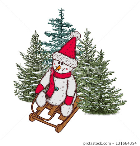 Hand drawn Christmas toy, snowman in red hat on a sled with trees. Vector illustration. Hand drawn Christmas toy, snowman in red hat on a sled with trees. Vector illustration. 131664354