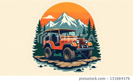 Retro Graphic Logo Featuring Jeep Expedition and Bold Adventure Concept 131664376