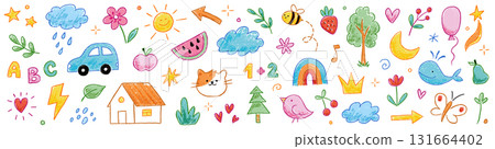 Kid crayon sketch cute child school icon background. Hand drawn crayon pencil stroke doodle flower, cartoon sun, rainbow icon elements. Kid style cute star, tree, heart shapes. Vector 131664402