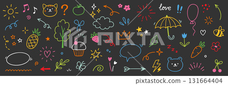 Cute kid element set. Hand drawn scribble heart, flower and cloud elements for a cute line simple kid background. Doodle drawn sketch heart, star, cloud cartoon sticker shapes. Vector 131664404