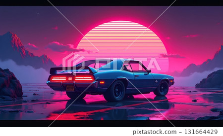 Retro Styled Classic Car Illustration with Glowing Futuristic Neon Colors Retro Styled Classic Car Illustration with Glowing Futuristic Neon Colors 131664429