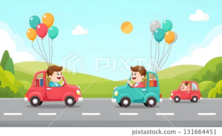 Cartoon cars enjoying bright sunny day road trip together Cartoon cars enjoying bright sunny day road trip together 131664451