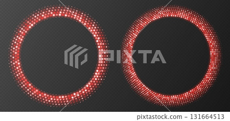Red halftone frames, glowing circle borders, round pattern with dots, radial disco luxury design element. Red halftone frames, glowing circle borders, round pattern with dots, radial disco luxury design element. 131664513