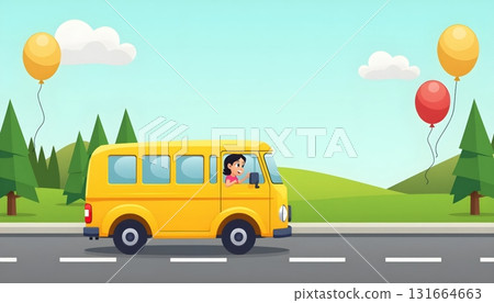 Yellow Cartoon Bus Traveling Through Countryside with Floating Balloons 131664663