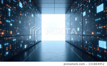 Abstract Digital Corridor Extending Into A Glowing Bright White Portal Center 131664952