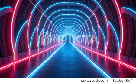 Abstract Cyberpunk Digital Passage Illuminated With Radiant Light And Perspective Glow 131664964