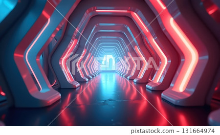 Abstract Glowing Architecture Of Futuristic Corridor Featuring Blue Symmetrical Light Beams 131664974