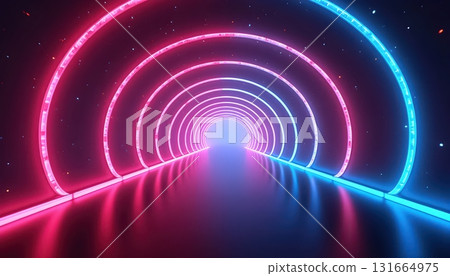 Digital Tunnel Artistic Design With Abstract Glowing Neon Layers And White Light Center 131664975