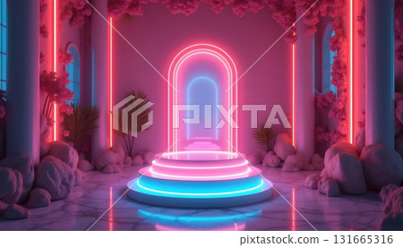 The radiant neon pedestal glowing in surreal minimal dreamscape 131665316