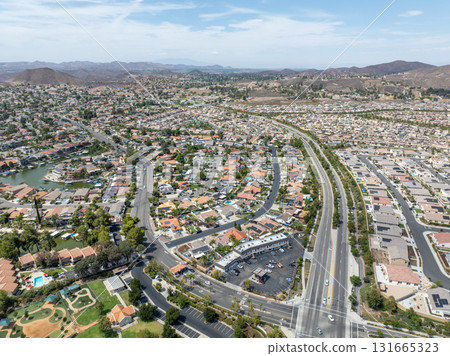 Aerial view of a sprawling neighborhood of family homes in Menifee, California, USA. 131665323