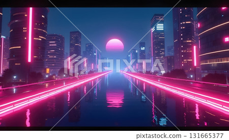 Surreal glowing skyscrapers forming the dream of a neon world 131665377