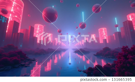 Exploring a futuristic labyrinth of glowing spheres and cubes Exploring a futuristic labyrinth of glowing spheres and cubes 131665395