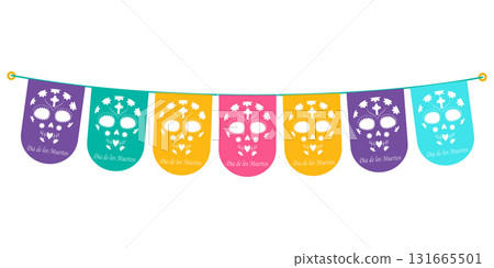 Day of the Dead Paper Cut Pennants Garland on Rope with Sugar Skull and Dia de los Muertos Lettering 131665501