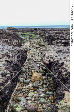 A Beautiful Rocky Coastal Landscape Featuring a Pebble Stream and Glistening Water Under the Sun 131665572