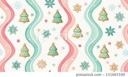 Christmas cookies with colorful icing  minimalist yet joyful pattern white background 131665599