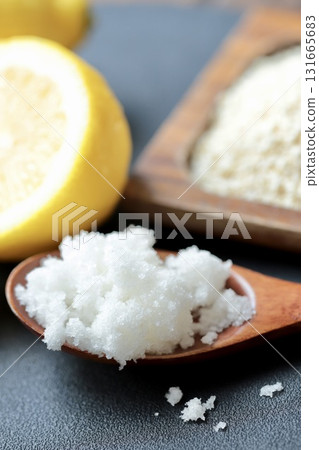Ingredients for lemon koji before mixing: rice koji, coarse salt, and unwaxed lemon 131665683