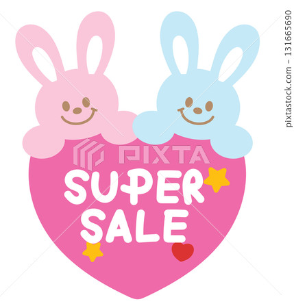 Cute SUPER SALE icon with bunny for online shopping, promotion, sticker, banner, discount, web button, campaign badge, brochure, price tag, animal, pet shop, vet, rabbit cartoon, ad, happy easter 131665690