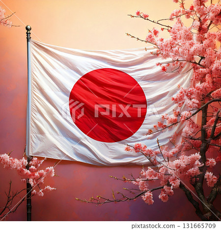 日之丸與櫻花、日本國旗、旭日旗、生成式 AI 影像 131665709