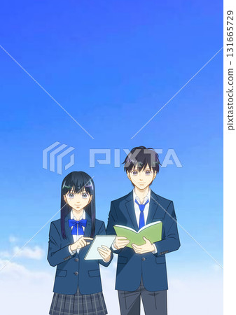 一幅動漫風格的插圖，描繪了一對高中或初中男孩和女孩在廣闊的藍天下 131665729