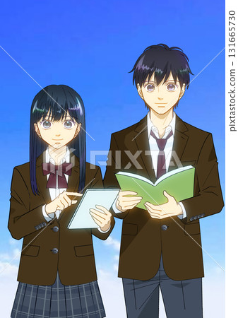 一幅動漫風格的插圖,描繪了一對高中或初中男孩和女孩在廣闊的藍天下 一幅動漫風格的插圖,描繪了一對高中或初中男孩和女孩在廣闊的藍天下 131665730