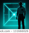 Neon digital display and silhouette of a baseball umpire - The future of sports, AI judging, and data analysis Neon digital display and silhouette of a baseball umpire - The future of sports, AI judging, and data analysis 131666026