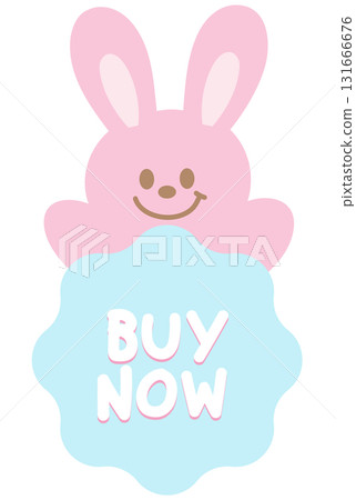 Cute BUY NOW sale icon with bunny for online shopping, promotion, sticker, banner, discount, web button, campaign badge, brochure, price tag, animal, pet shop, vet, rabbit cartoon, ads, happy easter 131666676