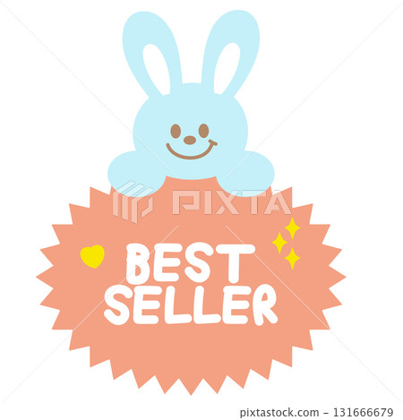 Cute BEST SELLER sale icon with bunny for online shopping, promotion, sticker, banner, discount, web button, campaign badge, brochure, price tag, animal, pet shop, vet, rabbit cartoon, happy easter 131666679