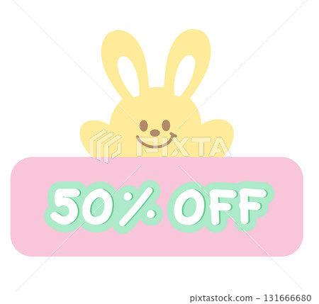 Cute 50% OFF sale icon with bunny for online shopping, promotion, sticker, banner, discount, web button, campaign badge, brochure, price tag, animal, pet shop, vet, rabbit cartoon, ads, happy easter Cute 50% OFF sale icon with bunny for online shopping, promotion, sticker, banner, discount, web button, campaign badge, brochure, price tag, animal, pet shop, vet, rabbit cartoon, ads, happy easter 131666680