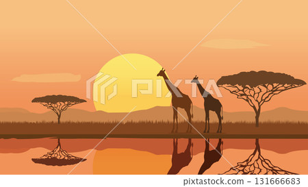 Golden Horizon African Wildlife Silhouette at Sunset 131666683