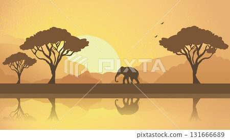 African Sunset Silhouette Elephants in Golden Savannah 131666689