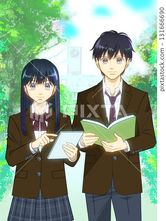 以學校建築為背景的男女高中生或國中生的動漫風格插圖 131666690