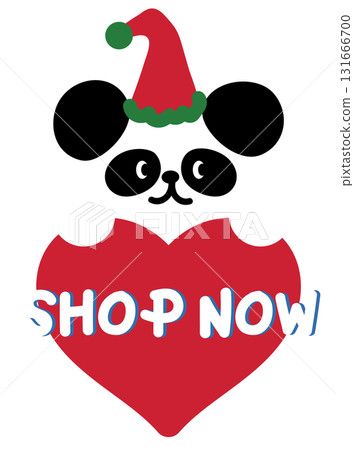 Cute Christmas SHOP NOW sale icon with panda bear for festive winter deal, online shopping, promotion, sticker, banner, special price, discount, web button, campaign, ads, zoo, souvenir shop, animals 131666700