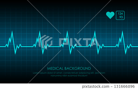 Illustration of Emergency ekg monitoring. Blue Glowing Neon Heart Pulse. Heartbeat. Dark Blue Background with a Grid. Vector Illustration. All in a single layer. 131666896