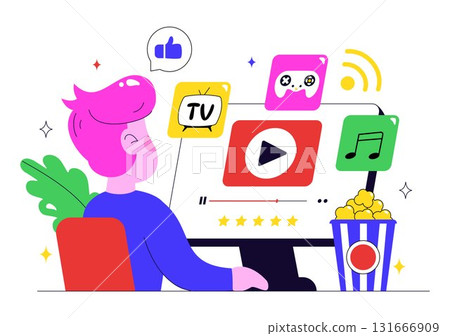 Online Streaming Platforms Illustration Featuring People Watching Live Streams with Video Engagement, Online Education, and Reaching Online Audiences 131666909