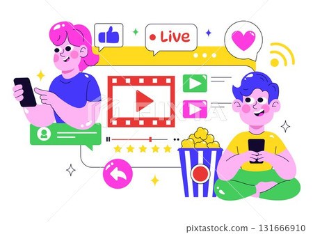 Online Streaming Platforms Illustration Featuring People Watching Live Streams with Video Engagement, Online Education, and Reaching Online Audiences Online Streaming Platforms Illustration Featuring People Watching Live Streams with Video Engagement, Online Education, and Reaching Online Audiences 131666910